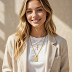 Signature Double-Layer Initial & Cross Necklace Set - 14K Gold Finish Square Pendant
