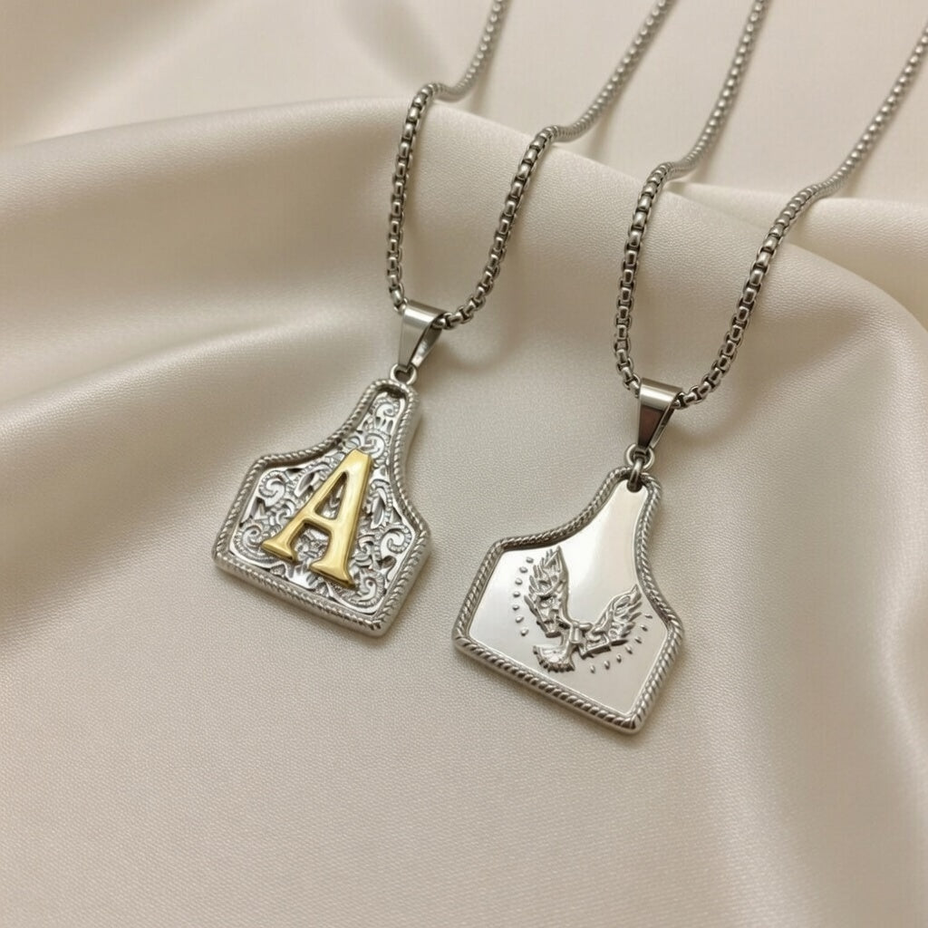 Western Style Embossed Initial Pendant - Double-Sided Eagle & Letter Necklace