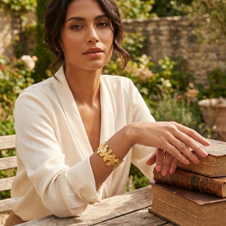 Eternal Bloom Bangle - Vintage Brushed Floral Cuff Bracelet