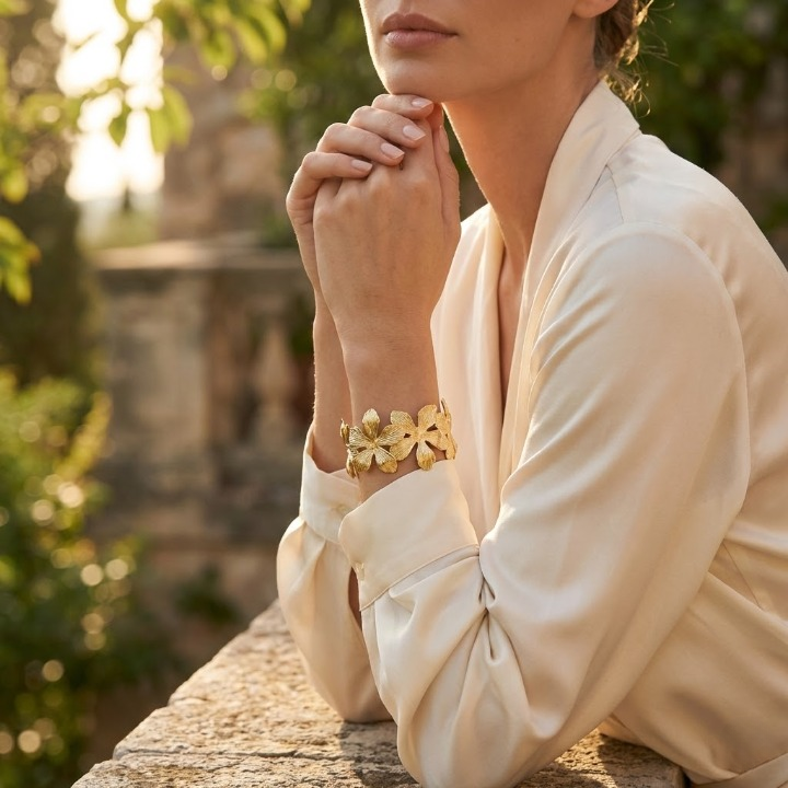 Eternal Bloom Bangle - Vintage Brushed Floral Cuff Bracelet