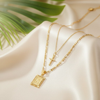 Signature Double-Layer Initial & Cross Necklace Set - 14K Gold Finish Square Pendant