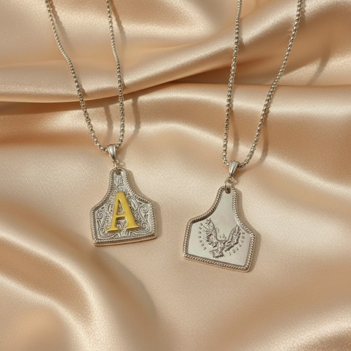 Western Style Embossed Initial Pendant - Double-Sided Eagle & Letter Necklace